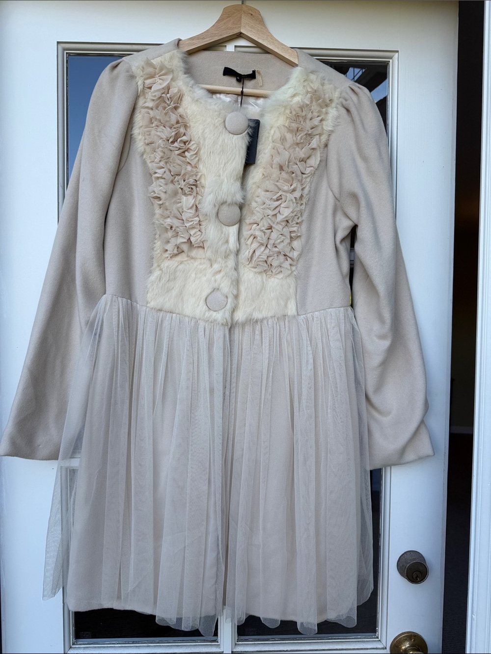 Ryu Cream Pea Coat with Tulle Skirt & real Fur Trimmed Front
